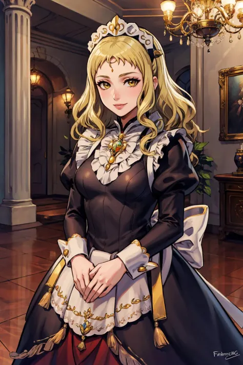 masterpiece, best quality, guinivere, yellow hair, fates maid, mansion, marble floors, looking at viewer, smile <lora:guinivere-nvwls-v1-000011:0.9> <lora:FEFatesMaid_v1:1>