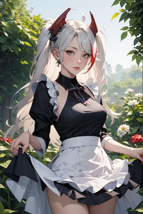 masterpiece, best quality, highres, aaeugen, long hair, two side up, antenna hair, headgear, <lora:prinz_eugen_(azur_lane)_v1:0.7>, maid, maid headdress, detached collar, skirt hold, garden, cowboy shot,