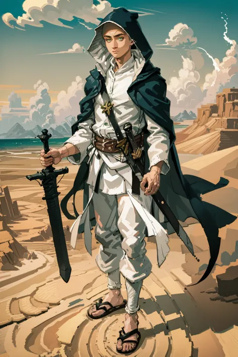 masterpiece, best quality, 1boy, szeth, solo, hood, (bald:1.3), green eyes, white robe, white sandals, sword, male focus, outdoors, dune, sand, sandstorm, desert background, thick lineart,  <lora:Szeth:1> <lora:SoBin8v2-000008:0.8>