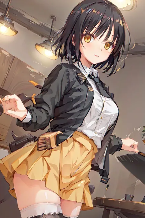 best quality, masterpiece, 1girl, solo, cowboy shot, black hair, medium hair, bangs, yellow eyes, breasts, medium breasts, windbreaker, (black windbreaker:1.45), shirt, ((white shirt)), collared shirt, skirt, black skirt, pleated skirt, miniskirt, thighhighs, ((black thighhighs)), open_windbreaker, black_necktie, ((blurry_background)), extremely detailed CG unity 8k wallpaper, ((ultra-detailed)), (best illustration), (best shadow), ((an extremely delicate and beautiful)), ((cinematic light)), indoors, smile, <lora:Yuzusoft:0.8>