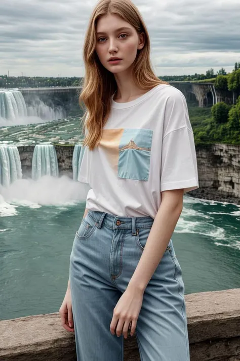 <lora:kawaii7.1.3_obj20:0.75:0.25>, European woman, closeup, sandals, (shirt), pants, (niagara falls), ZM_dorina, wide shoulders, perfect face, (contact iris: 1.1), pale skin, skin pores , depth of field