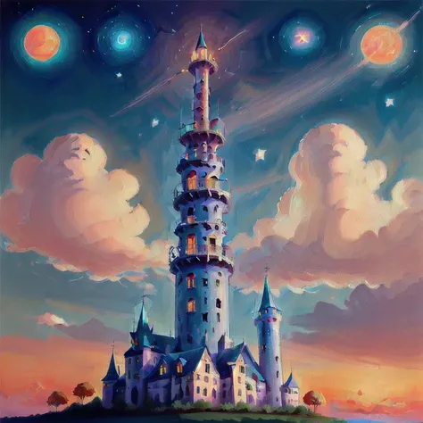 scenery, bird, sky, no humans, outdoors, fantasy, cloud, castle, tower, star (sky), sunset, tree<lora:TIANYUAN:0.8>