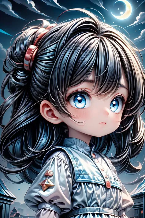 (black and blue theme,dark_scenery:1.3),masterpiece,best_quality,professional_artwork,1girl,cute,kawaii,petite,closed_mouth,long_hair,blue_hair,dress_shirt,dark_blue_eyes,moon_eyes,multicolored_eyes,((Astounding)), ((Extraordinary)), ((4K)), ((Elegant)), ((Striking)), ((Unforgettable)), anime, Battle, Power-ups, Shonen, abstract, Non-figurative, Experimental, Non-objective, moonlight, Moonbeam, Moonlit, Lunar illumination