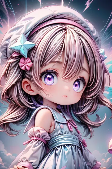 EarthKawaii,professional_artwork,best_quality,(nebula theme,pink_trim, blue and purple theme abyss eyes:1.3),1girl,solo,(cute,kawaii,petite,elegant,evil,perfect_face,beautiful:1.2),purple_hair,long_hair,hair_ornament,hair_intakes,purple_eyes,closed_mouth,sailor_dress,serafuku,sailor_hat,shoulder_sash,star \(symbol\),((Detailed)), ((Masterpiece)), ((Impressive)), ((Magic Circle)), ((Elegant)), ((Mind-blowing)), ((Phenomenal)), anime, Shojo, Drama, digital artwork, Digital masterpiece, Digital masterpiece, Digital illustration, neon light, Neon illumination, Electrifying light, Vibrant glow, 35mm, Panoramic view,Illustration,Cover,enigmatic figure,crystals adorning hair,dreamlike swirl,pastel hues,soft light,evoking calm serenity and elusive beauty,Non-representational,colors and shapes,expression of feelings,imaginative,highly detailed,shoulder_sash,black_trim,grey_eyes,fingerless_gloves,headwear,(close-up:0.9),looking_at_viewer