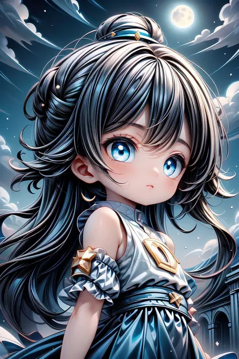 (black and blue theme,dark_scenery:1.3),masterpiece,best_quality,professional_artwork,1girl,cute,kawaii,petite,closed_mouth,long_hair,blue_hair,dress_shirt,shoulder_sash,dark_blue_eyes,moon_eyes,multicolored_eyes,((Astounding)), ((Extraordinary)), ((4K)), ((Elegant)), ((Striking)), ((Unforgettable)), anime, Battle, Power-ups, Shonen, abstract, Non-figurative, Experimental, Non-objective, moonlight, Moonbeam, Moonlit, Lunar illumination
