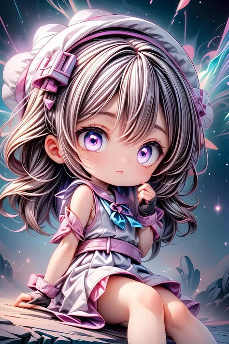 EarthKawaii,professional_artwork,best_quality,(nebula theme,pink_trim, blue and purple theme abyss eyes:1.3),1girl,solo,(cute,kawaii,petite,elegant,evil,perfect_face,beautiful:1.2),purple_hair,long_hair,hair_ornament,hair_intakes,purple_eyes,closed_mouth,sailor_dress,serafuku,sailor_hat,shoulder_sash,star \(symbol\),((Detailed)), ((Masterpiece)), ((Impressive)), ((Magic Circle)), ((Elegant)), ((Mind-blowing)), ((Phenomenal)), anime, Shojo, Drama, digital artwork, Digital masterpiece, Digital masterpiece, Digital illustration, neon light, Neon illumination, Electrifying light, Vibrant glow, 35mm, Panoramic view,Illustration,Cover,enigmatic figure,crystals adorning hair,dreamlike swirl,pastel hues,soft light,evoking calm serenity and elusive beauty,Non-representational,colors and shapes,expression of feelings,imaginative,highly detailed,shoulder_sash,black_trim,grey_eyes,fingerless_gloves,headwear,(close-up:0.9),looking_at_viewer,sitting