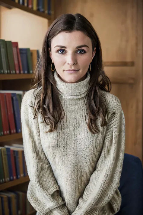 Aisling Bea, woman, female, (8k, RAW closeup portrait photo, best quality, masterpiece:1.2), (realistic, photo-realistic:1.37), (highest quality), (baggy turtleneck sweater:1.4), (in a library:1.3), (dim lighting:1.2), (show no skin:1.3), <lora:Aisling-Bea-v10:0.5>