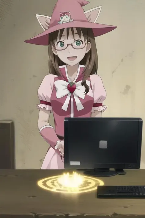 <lora:yondemasuyo_azazelu_san2:1>
sakuma ichigo, 1girl, looking at viewer, smile, open mouth, brown hair, hat, animal ears, green eyes , glasses, cat ears, witch hat, magical girl, semi-rimless eyewear, pink headwear, animal hat