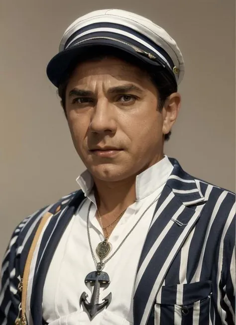 d1, a man, , Nautical Sailor: Striped Breton Shirt, Wide-Leg Pants, Deck Shoes, Sailor Cap, Anchor Necklace detailed, by alphonse mucha, adolfo hohenstein, alice russell glenny, stanley artgerm lau, greg rutkowski, detailed, trending on artstation, trending on artstation, smooth <lora:Dracula:.85>