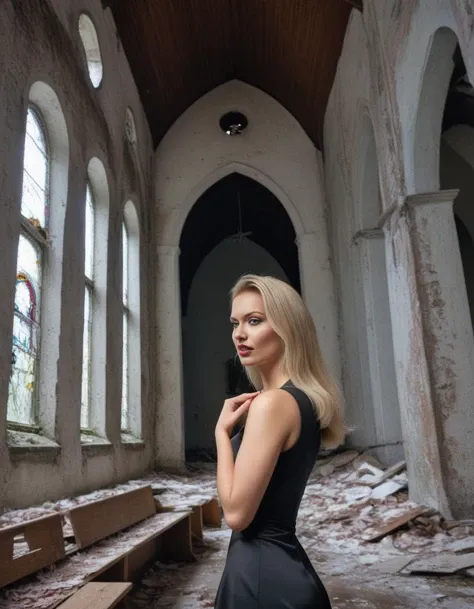 <lora:barbiefy:1.0> Estonia, a young naughty woman flirting with the viewer at an abandoned church, wall are falling in
