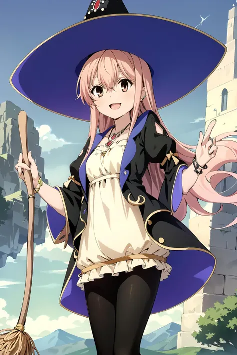 masterpiece, 1girl, wilbell voll-ersleid, star pattern witch hat, dress, pantyhose, jewelry, necklace, clouds, sky, sunny, smiling, standing, holding broomstick, mountains in view, best quality
