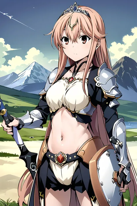 masterpiece, 1girl, wilbell voll-ersleid, warrior, holding longsword, shield, armor, heavy armor, tiara, mountains, grassland, sky, sun, clouds, best quality