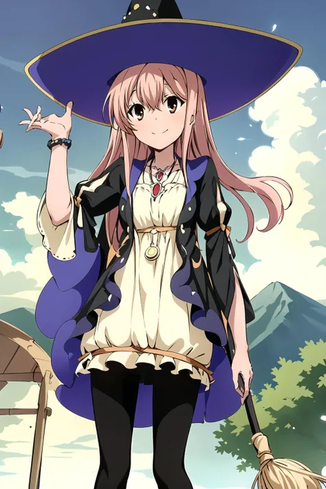 masterpiece, 1girl, wilbell voll-ersleid, witch hat, dress, pantyhose, jewelry, necklace, clouds, sky, sunny, smiling, standing, holding broomstick, mountains in view, best quality