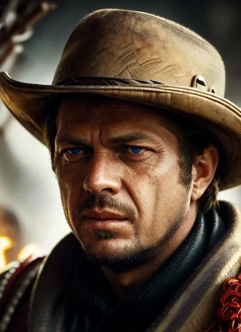 sm1, ((best quality)), ((masterpiece)), (detailed),(<lora:SteveMcQueen:1>)  Midjourney Style, close-up, man, cowboy, red eyes, concept art, inspired by Marek Okon, digital art, poncho, spaghetti western, (glowing elements:1.1), 4:3 aspect ratio, dynamic duo