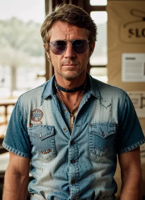 sm1,
,, headshot, man, solo, man wearing Retro Paisley Blouse, Denim Overalls, Bandana Choker Necklace, Round Sunglasses, Canvas Sneakers
<lora:SteveMcQueen:.95>, , natural skin texture, 24mm, 4k textures, soft cinematic light, adobe lightroom, photolab, hdr, intricate, elegant, highly detailed, sharp focus, ((((cinematic look)))), soothing tones, insane details, intricate details, hyperdetailed, low contrast, soft cinematic light, dim colors, exposure blend, hdr, faded