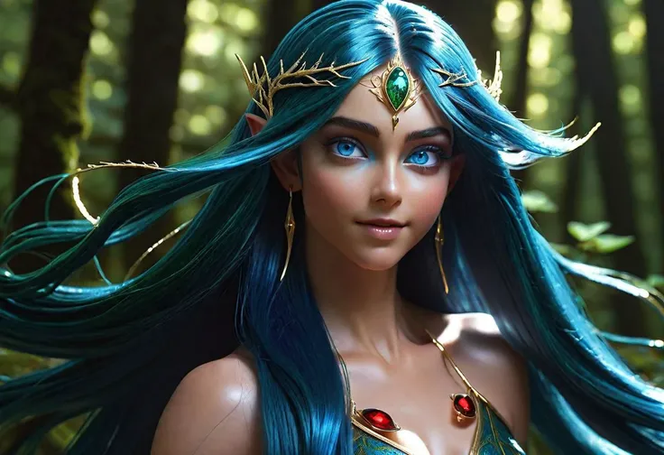 Goddess Epoch Elves, (azzure theme:1.3), dark green forest, athletic body, happy, long hair, straight hair, blue hair, extreme closeup, blue eyes, hyperrealism, red sparkless, ray tracing, high details, super detail, UHD, 8k, style-hamunaptra