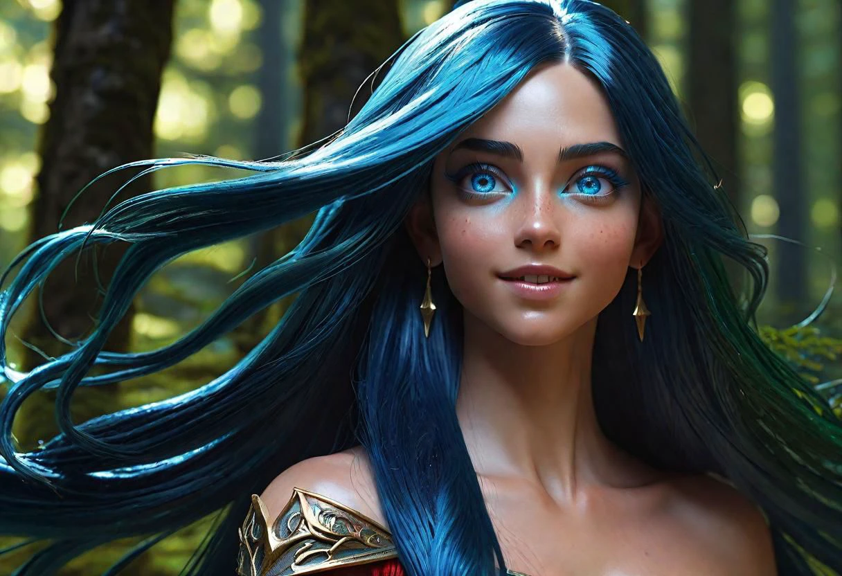 Goddess Epoch Elves, (azzure theme:1.3), dark green forest, athletic body, happy, long hair, straight hair, blue hair, extreme closeup, blue eyes, hyperrealism, red sparkless, ray tracing, high details, super detail, UHD, 8k, style-hamunaptra