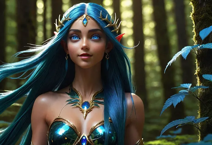 Goddess Epoch Elves, (azzure theme:1.3), dark green forest, athletic body, happy, long hair, straight hair, blue hair, extreme closeup, blue eyes, hyperrealism, red sparkless, ray tracing, high details, super detail, UHD, 8k, style-hamunaptra