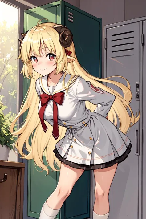 masterpiece, best quality, absurdres, perfect anatomy, Tsunomaki Watame, sheep girl, sheep ears, long hair, school corridor, school uniform, adorable charm, innocent eyes, sweet smile, playful personality, cute and vibrant, delightful school uniform, classic style, plaid skirt, crisp white blouse, cute ribbon tie, knee-high socks, charming accessories, blush cheeks, cute and stylish, lockers lining the walls, sunlight streaming through windows, standing, (arms behind back, leaning forward)