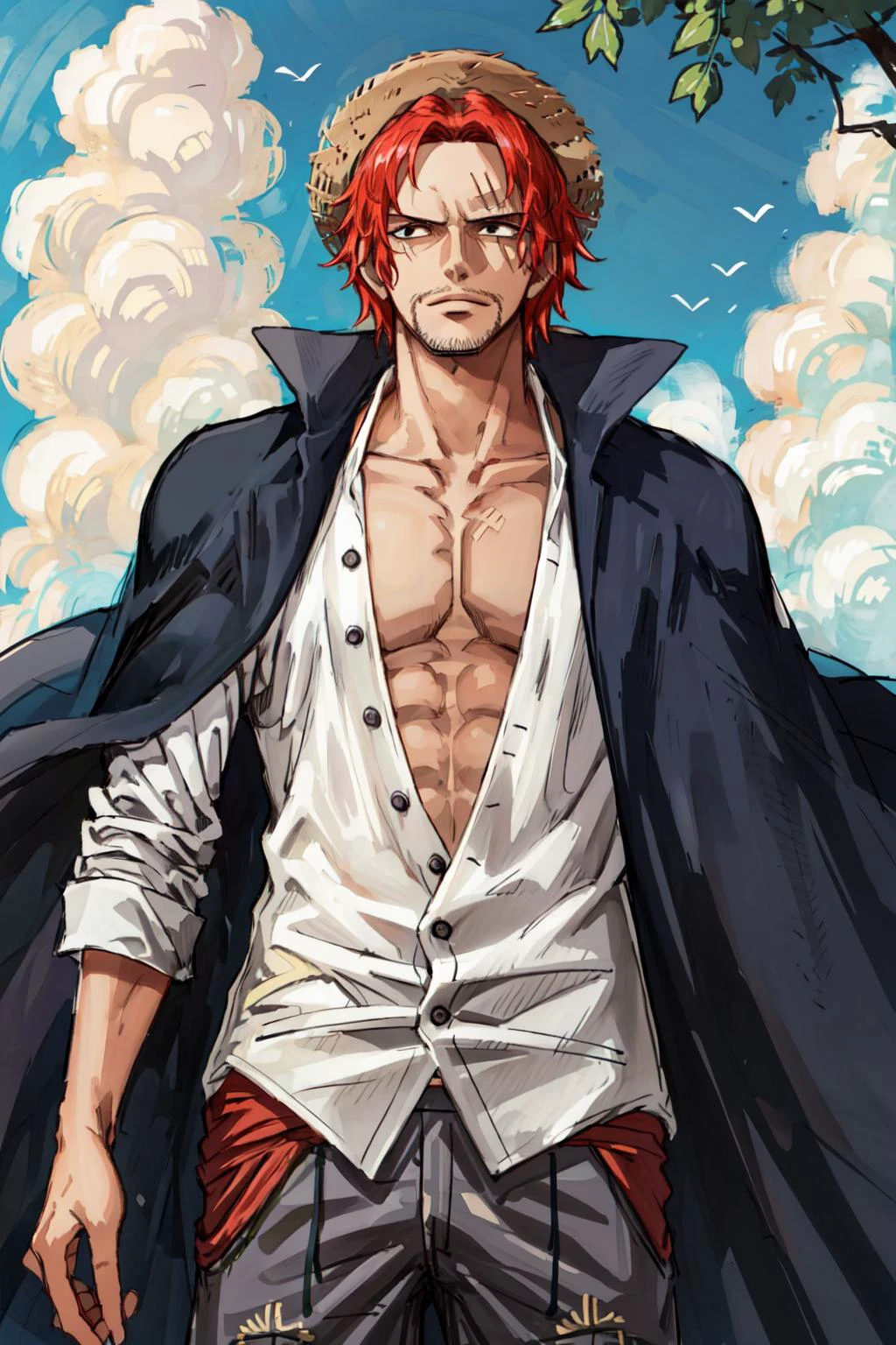 (masterpiece, best quality), intricate details,
1boy, man, red hair, straw hat, <lora:Shanks:0.8> Shnks, shanks \(one piece\), scar on face, short hair, shirt, white shirt, male focus, open clothes, collared shirt, pants, cape, coat, open shirt, facial hair, scar, sandals, pectorals, partially unbuttoned, pectoral cleavage, coat on shoulders, nature, scenery, upper body, straw hat,