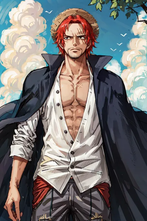 (masterpiece, best quality),  intricate details,
 1boy, man, red hair, straw hat, <lora:Shanks:0.8> Shnks, shanks \(one piece\),  scar on face, short hair, shirt,  white shirt, male focus, open clothes, collared shirt, pants, cape, coat, open shirt, facial hair, scar, sandals,  pectorals, partially unbuttoned, pectoral cleavage, coat on shoulders, nature, scenery, upper body, straw hat,