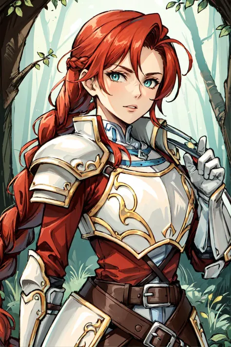 titania, braided ponytail, armor, red dress, belt, gauntlets, gloves, solo, solo, detailed face, looking at viewer, upper body, cowboy shot, village, forest, (masterpiece:1.2, best quality)