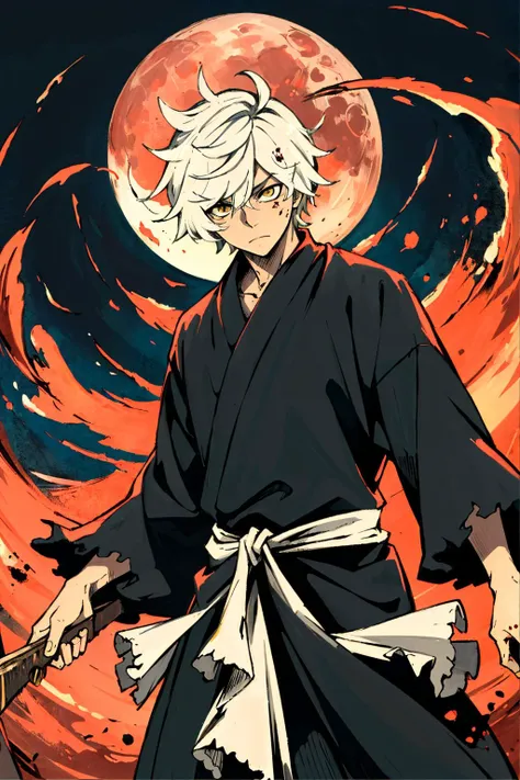 Gabimaru, 1boy, male focus, solo, white hair, yellow eyes, looking at viewer, torn clothes, black robe, white belt, solo, detailed face, looking at viewer, cowboy shot, dynamic pose, pile of skulls, throne, red moon, blood moon, cinematic lighting, blood splashes, blood, cowboy shot, detailed background, complex structures, hyperdetailed sharp face, dynamic pose, (masterpiece:1.2, best quality)