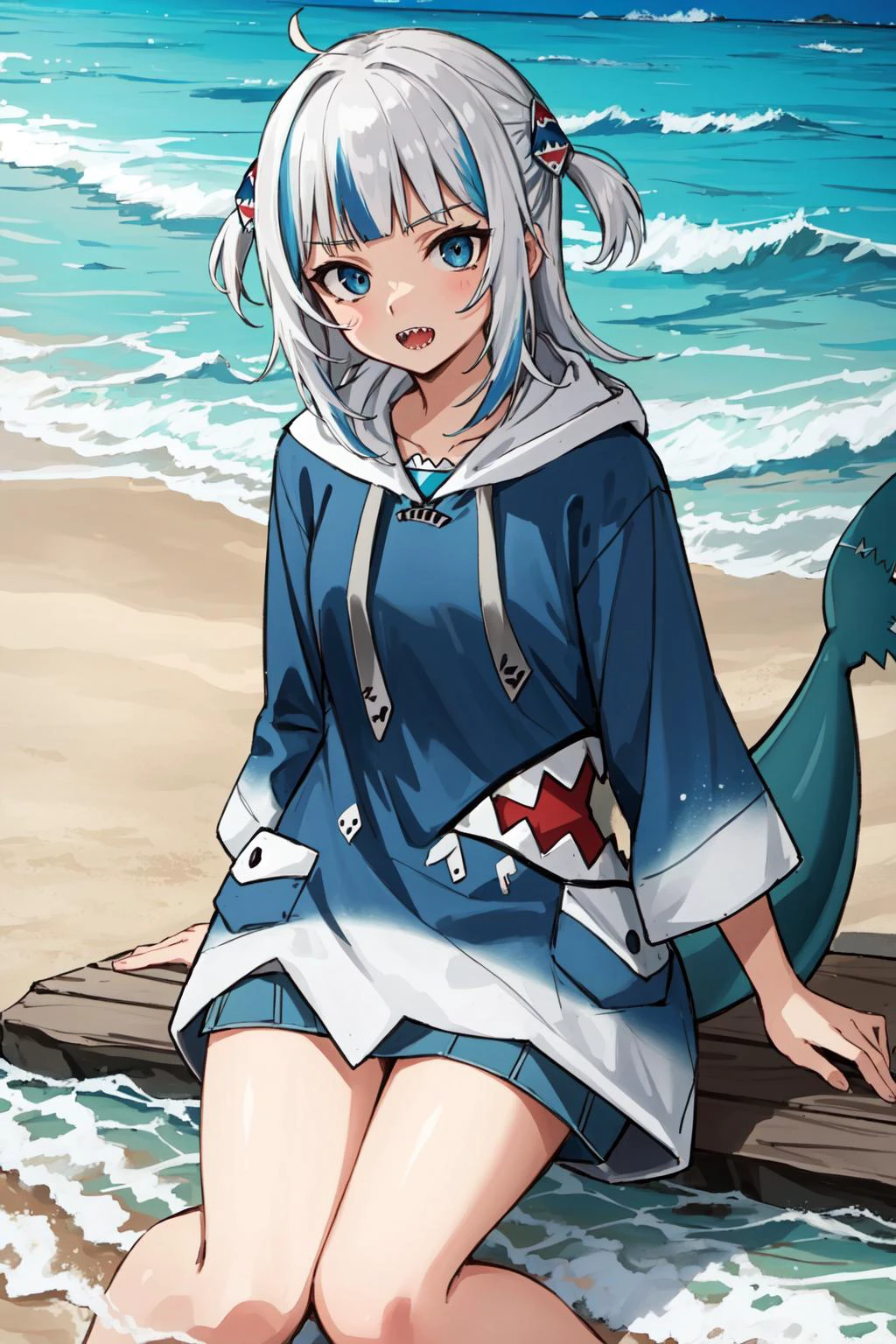 (masterpiece, best quality), intricate details,
<lora:gura:0.8> gawr gura, sharp teeth, shark tail, gura_hoodie, blue hoodie, shark hood, shark hair ornament, beach, sand,