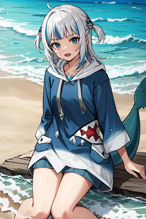 (masterpiece, best quality),  intricate details,
 <lora:gura:0.8> gawr gura, sharp teeth, shark tail, gura_hoodie, blue hoodie, shark hood, shark hair ornament, beach, sand,