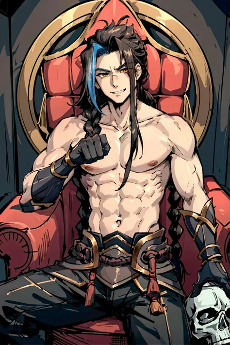 kayn, 1boy, male focus, split theme, braided ponytail, topless male, pants, armor, pauldrons, sitting, solo, detailed face, looking at viewer, cowboy shot, dynamic pose, indoor, pile of skulls, throne, (masterpiece:1.2, best quality)