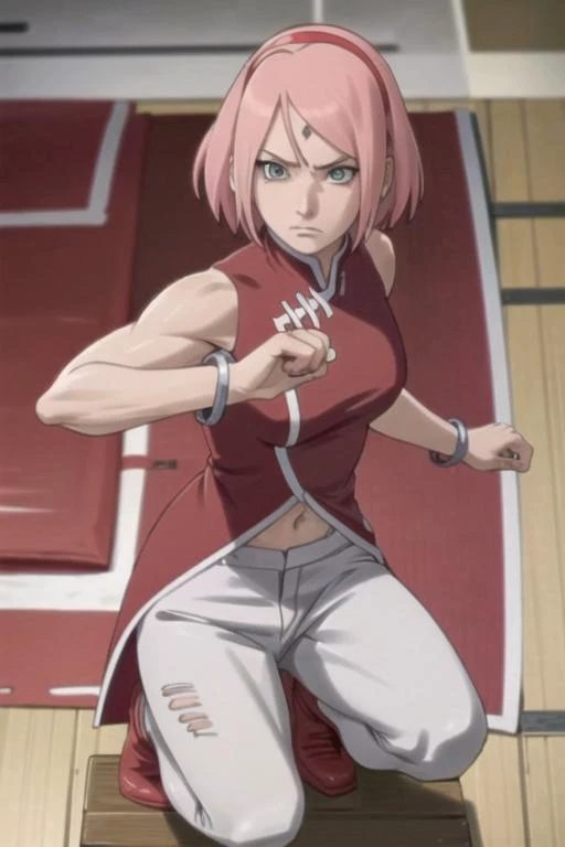 masterpiece, best quality, 1girl, solo, vivid color, absurdres, perfect anatomy, haruno sakura, forehead mark, red hairband, red sleeveless dress, navel, bracelet, white pants,squatting, looking up, from above, annoyed, bedroom, decoration, fighting pose, clenched hands,  <lora:Sakura[Boruto]V2:.8>