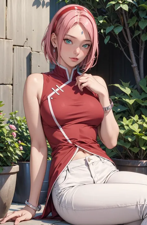 a cute girl,perfect face, midium breasts,detailed background,extremely detailed cg unity 8k wallpaper,highres,shiny skin,slim waist,<lora:GoodHands-vanilla:1>, <lora:add_detail:0.6>,  <lora:Sakura[Boruto]V2:0.6>,haruno sakura,forehead mark, red hairband, red sleeveless dress,bare navel, white pants, bracelet, outdoors, fullbody,