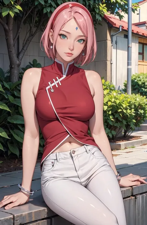 a cute girl,perfect face, midium breasts,detailed background,extremely detailed cg unity 8k wallpaper,highres,shiny skin,slim waist,<lora:GoodHands-vanilla:1>, <lora:add_detail:0.6>,  <lora:Sakura[Boruto]V2:0.6>,haruno sakura,forehead mark, red hairband, red sleeveless dress,bare navel, white pants, bracelet, outdoors, fullbody,