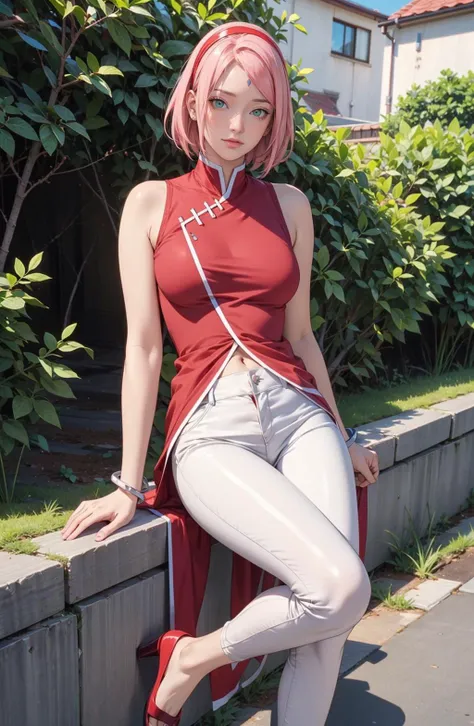 a cute girl,perfect face, midium breasts,detailed background,extremely detailed cg unity 8k wallpaper,highres,shiny skin,slim waist,<lora:GoodHands-vanilla:1>, <lora:add_detail:0.6>,  <lora:Sakura[Boruto]V2:0.6>,haruno sakura,forehead mark, red hairband, red sleeveless dress,bare navel, white pants, bracelet, outdoors, fullbody,