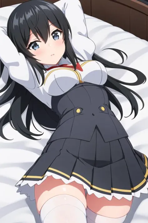 ((masterpiece, best quality)),1girl,lying on bed,arms up,hands behind head,,medium breast,black_hair, alice stalgia, alice, ore dake haireru,cowboy_shot, long_hair, long_sleeves, looking_at_viewer, pleated_skirt, skirt, white thighhighs, <lora:alicemix:0.65>