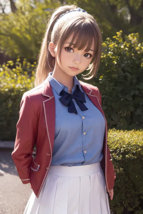 masterpiece, best quality, highres, 1girl, kei karuizawa, blue shirt, white skirt, red jacket <lora:kei_karuizawa_final:1> standing, upper body, (photorealistic:1.2)