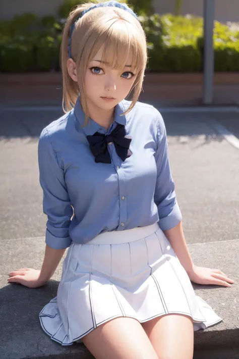 masterpiece, best quality, highres, 1girl, kei karuizawa, blue shirt, white skirt <lora:kei_karuizawa_final:1> realistic