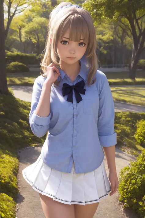 masterpiece, best quality, highres, 1girl, kei karuizawa, blue shirt, white skirt <lora:kei_karuizawa_final:1> realistic