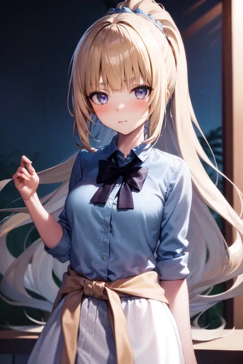 masterpiece, best quality, highres, 1girl, kei karuizawa, blue shirt, white skirt, standing, upper body, clothes around waist <lora:kei_karuizawa_final:1>