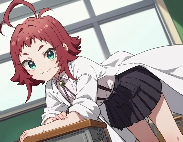 score_9, score_8_up, score_7_up, source_anime,
kusuriyakuzen, <lora:kusuri-yakuzen-s1-ponyxl-lora-nochekaiser:1>,
kusuri yakuzen, green eyes, red hair, antenna hair, ahoge,
short hair, white shirt, pleated skirt, collared shirt, black skirt, neck ribbon, suspenders, labcoat, suspender skirt, female child,
indoors, classroom, bent over, smile,
looking at viewer, cowboy shot, dutch angle, solo,