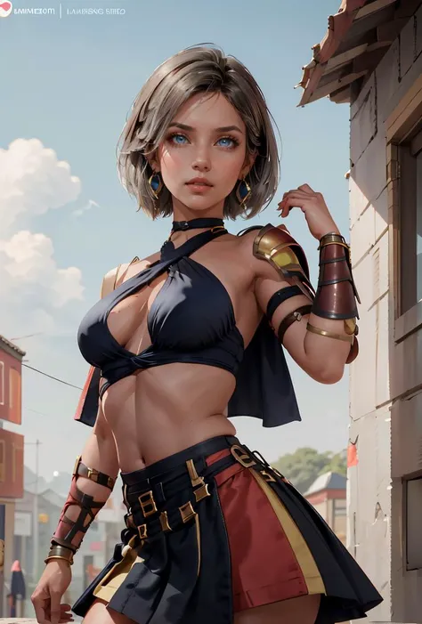 (masterpiece, best quality), 1girl, <lora:InaseRiseofEros:0.8> InaseRiseofEros, 1girl, solo, short hair, skirt, brown hair, blue eyes, navel, jewelry, large breasts, braid, grey hair, earrings, armor, skirt, earrings, underboob, criss-cross halter