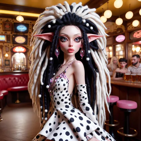 <lora:AlinaXL:0.6> <lora:Dallegirls:0.8> beautiful alien elf girl with big detailed eyes and huge lips , light skin , a Cruella Deville girl with big detailed eyes and big lips and long big half white half black hair dreadlocks , in (Dalmatian) white and black dots dress , pale skin , in a retro 1980s pub background , beautiful detailed face , full body , slim body , highly detailed , rococo , digital painting , cg society contest winner, fantasy art , glitterpunk , iridescent ,8k, extreme detailed , colorful , highest detailed