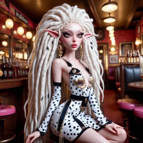 <lora:AlinaXL:0.6> <lora:Dallegirls:0.8>     beautiful alien elf girl with big detailed eyes  and huge lips , light skin , a Cruella Deville girl with big detailed eyes and big lips and long big half white half black hair dreadlocks ,  in (Dalmatian) white and black dots dress  ,  pale skin , in a retro 1980s pub background ,   beautiful detailed face , full body , slim body   , highly detailed , rococo , digital painting , cg society contest winner, fantasy art , glitterpunk ,  iridescent ,8k, extreme detailed , colorful , highest detailed