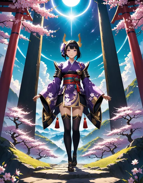 Tarot Card Style, Hoyoearth, raiden shogun, purple eyes, black thighhighs, bridal gauntlets, hair ornament,   cherry blossoms, coattails, armor, floral print, japanese clothes, kimono, long sleeves,   mitsudomoe (shape), purple flower, purple kimono, purple thighhighs, ribbon,    sash, shoulder armor, tassel, tomoe (symbol), torii, wide sleeves, a large circle of a person above a tree in an image, in the style of vibrant fantasy landscapes, teal and bronze, energy-filled illustrations, hikecore, sublime wilderness, poster art, i can't believe how beautiful this is, very detailed, cinematic angle, ultra sharp, rembrandt lighting, side lighting, cinematic shading, cinematic lighting, foreshortening, detailed background, masterpiece, best quality , official art ,