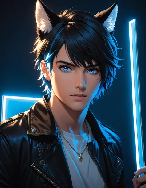 1boy, Kristoff O'hanlon, solo, solo focus, looking at viewer, short hair, bangs, blue eyes, black hair, animal ears, jewelry, blue hair, jacket, open clothes, open jacket, black jacket, holding a photo , cinematic lighting, neon rim lighting, side lighting, rembrandt lighting, cinematic angle, masterpiece, best quality