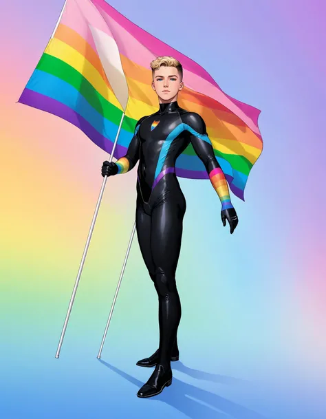 Pride Comics Style, solo, gloves, 1boy, holding, full body, male focus, bodysuit, multicolored clothes, multicolored background, rainbow, colorful, multicolored bodysuit, rainbow gradient, holding flag, pastel colors, transgender flag, pride flag, rainbow colors, looking at viewer, facing camera, traditional media, cinematic angle, cinematic lighting, foreshortening, depth of field, detailed background, masterpiece, best quality , official art , <lora:PrideComicsSDXLTEST:0.8>