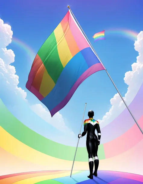 Pride Comics Style, solo, gloves, 1boy, holding, full body, male focus, bodysuit, multicolored clothes, multicolored background, rainbow, colorful, multicolored bodysuit, rainbow gradient, holding flag, pastel colors, transgender flag, pride flag, rainbow colors, facing camera, traditional media, cinematic angle, cinematic lighting, foreshortening, depth of field, detailed background, masterpiece, best quality , official art , <lora:PrideComicsSDXLTEST:0.8>