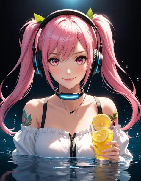 1girl, FFXIII, ahoge, bare shoulders, blush, closed mouth, cup, drinking glass, food, frills, fruit, hair between eyes, hair ornament, hairclip, headphones, headset, holding, holding cup, ice cube, jacket, lemon, lemon slice, long hair, long sleeves, looking at viewer, off shoulder, open clothes, open jacket, partially submerged, pink eyes, pink hair, puffy long sleeves, puffy sleeves, shirt, shoulder tattoo, simple background, sleeveless, sleeveless shirt, smile, solo, twintails, upper body, very long hair, water, white background, white jacket, x hair ornament, cinematic angle, cinematic lighting, foreshortening, dark, dark background, masterpiece, best quality ,