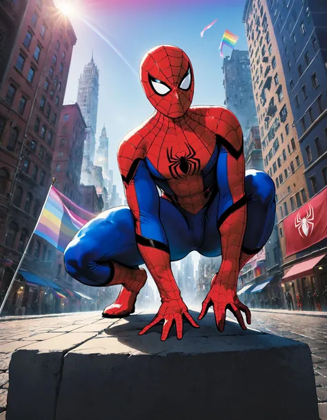 Pride Comics Style, solo, 1boy, holding, male focus, outdoors, bodysuit, mask, squatting, building, city, flag, superhero, red bodysuit, spider web print, transgender flag, rainbow colors, traditional media, cinematic angle, cinematic lighting, foreshortening, depth of field, detailed background, masterpiece, best quality , official art , <lora:PrideComicsSDXLTEST:0.8>