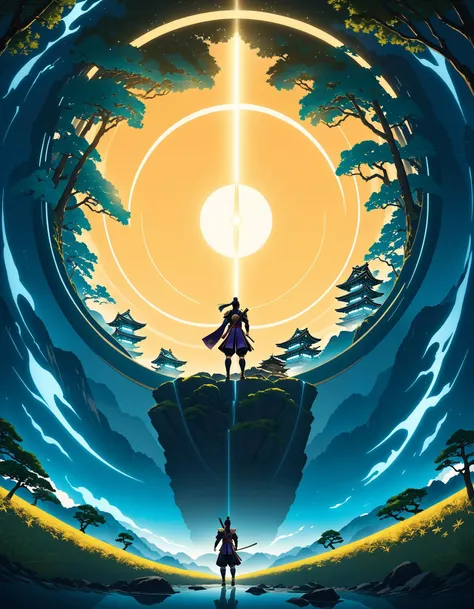 Hoyoearth, a large circle of a person above a tree in an image, in the style of vibrant fantasy landscapes, teal and bronze, energy-filled illustrations, hikecore, sublime wilderness, poster art, i can't believe how beautiful this is, raiden shogun, very detailed, cinematic angle, outdoors, ancient japan, ultra sharp, rembrandt lighting, side lighting, cinematic shading, cinematic lighting, foreshortening, detailed background, masterpiece, best quality , official art , <lora:hoyoverse_SDXL:0.8>